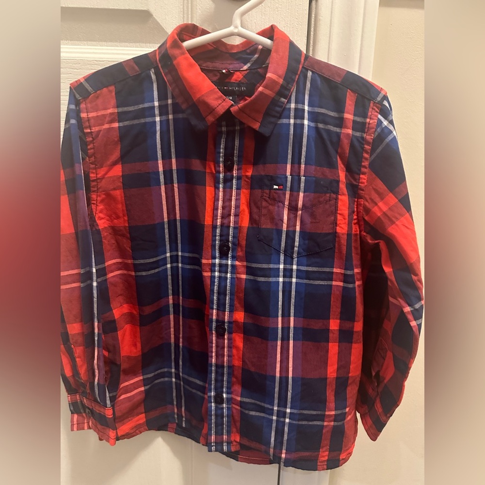 Tommy Hilfiger Boys Red and Navy Plaid Cotton Shirt